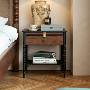 Table de chevet en bois massif de qualité supérieure, style vintage français, deux tons, pieds à tiges, 1 tiroir avec étagère, meuble de chambre à coucher, table de chevet stable - Product Image 1