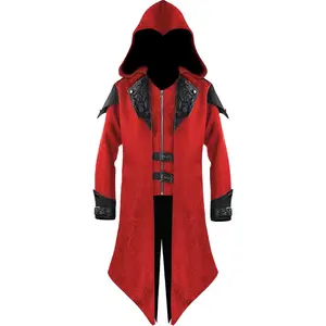 Steampunk Gothic Tuxedo Trench Coat Turn-Down Collar Hooded Leather Dovetail Jacket Assassin Costume Halloween For Men Plus Size