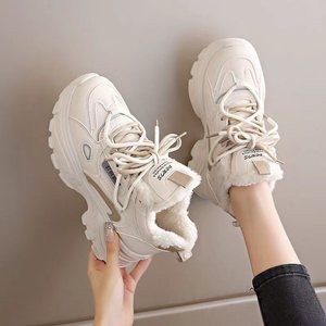 Chaussures de course <span class=keywords><strong>pour</strong></span> femmes à lacets en maille doublée de polaire Chaussures montantes d'hiver chaudes augmentant la hauteur à semelle épaisse - Product Image 3