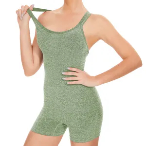 Calça skinny apertada feminina, macacão fitness sem manga costas cruzadas justo peça única
