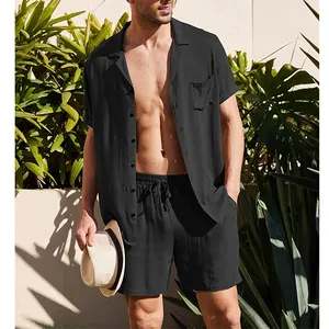 Setelan Baju Celana Pendek untuk Pria, Baju dan Celana Musim Panas Katun Linen Polos Cocok untuk Pria