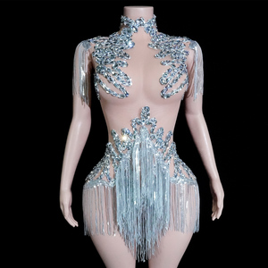 Body de malla plateado con flecos de diamantes de imitación estilo barroco para actuaciones de Drag Queen y espectáculos de ilusión - Product Image 1