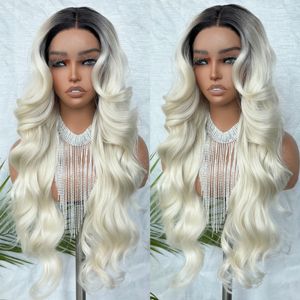 Perruque Lace Front Ombrée Blonde Prête à Porter Sans Colle, Perruques Synthétiques Lace Front, Perruque Blonde avec Racines Foncées, Cheveux Synthétiques Mélangés - Product Image 1