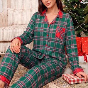 Dierlove - Conjunto <span class=keywords><strong>de</strong></span> <span class=keywords><strong>Pijamas</strong></span> Navideños a Cuadros para Mujer, Color Rojo y Verde Tartán, Camisa <span class=keywords><strong>de</strong></span> Manga Larga con Botones, Pantalones, Ropa <span class=keywords><strong>de</strong></span> Dormir, Ropa <span class=keywords><strong>de</strong></span> Casa - Product Image 3