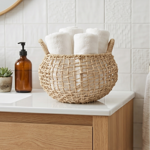 Open Weave Natural Water Hyacinth <b>Round</b> <b>Basket</b> with Handles, Decorative Boho <b>Wicker</b> Storage Bin for Living Room - Product Image 4