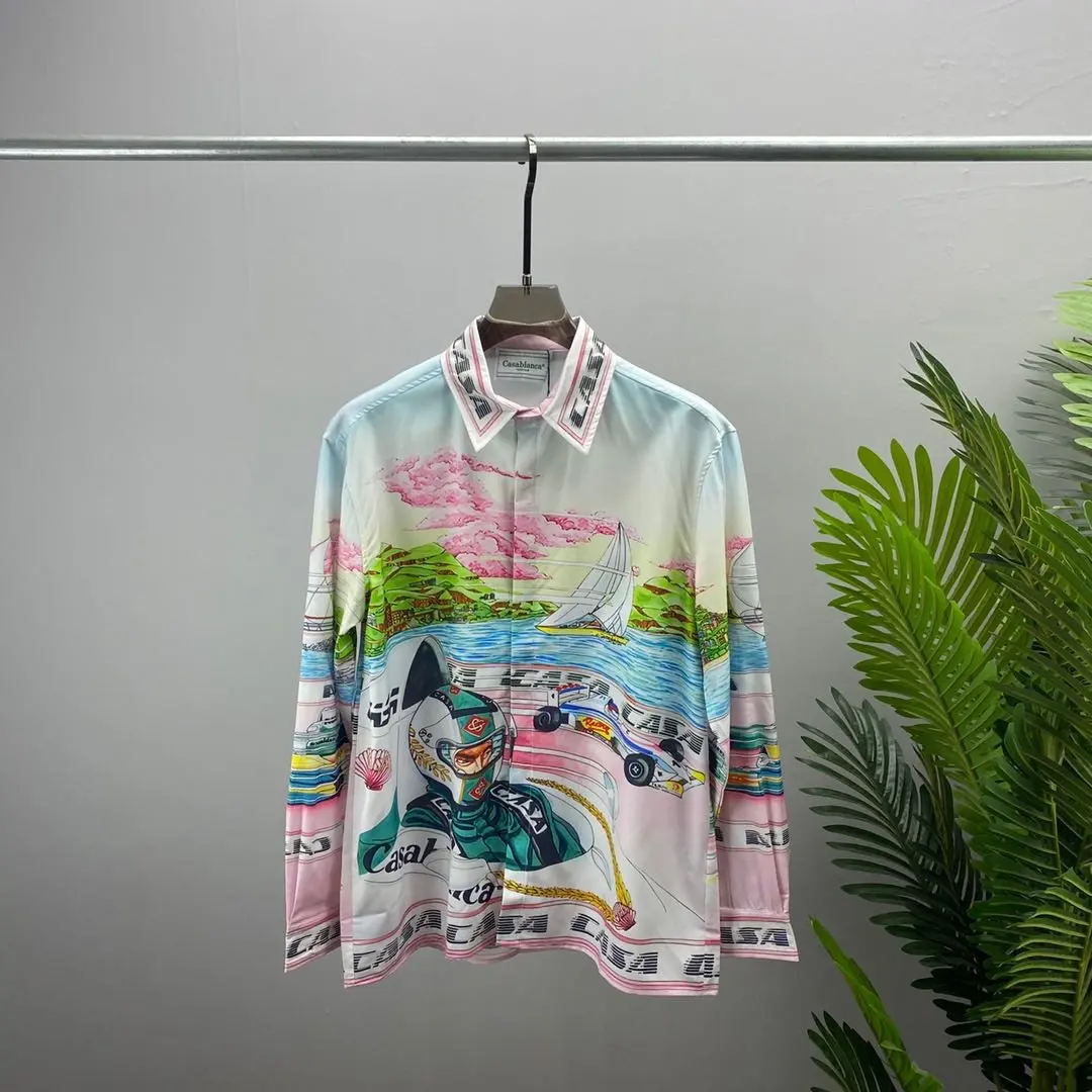 Autumn and winter new style 3D digital print T-shirt Lapel shirt open lining Silk Long Sleeve Turn-down Collar Satin Shirt
