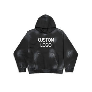 Nouveau Sweat à Capuche Homme Ample en Coton Lavé 100% avec Imprimé Tendance, Logo Personnalisé, Effet Délavé Noir & Blanc, Style Vieilli - Product Image 1