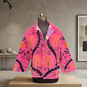 Pink Suzani <b>Velvet</b> Embroidered <b>Jacket</b> Bohemian Winter Coat Handcrafted Floral Open Front Kimono Ethnic <b>Women</b> Outerwear - Product Image 5