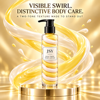 Lotion corporelle double tourbillon jaune et blanc à marque privée avec système double crème visible, texture soyeuse et soin hydratant lissant