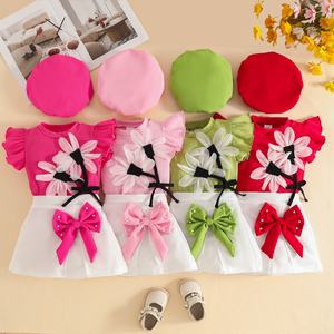 ชุดเสื้อแขนกุดผ้าริบบิ้นแต่งระบายหวานๆ สำหรับเด็กผู้หญิงช่วงฤดูร้อน พร้อมกระโปรง หมวกเบเร่ต์ และโบว์ผูกผม สำหรับเด็กอายุ 0-3 ปี - Product Image 1