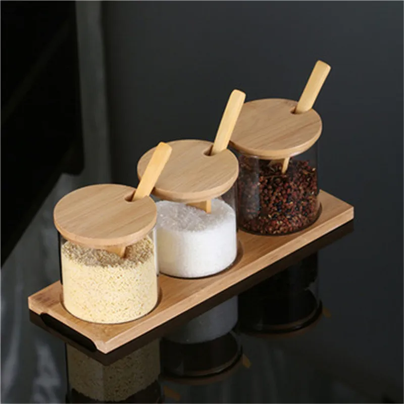 Kitchen 10 Oz Salt Sugar Condiment Home Organizer Glass Spice Jar Seasoning Storage Canister with Bamboo Spoon