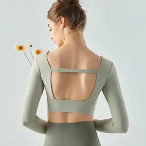 Wholesale Workout Top Long Sleeve Yoga Crop Top Gym Beauty Back Hollow Fixed Cup Sports Fitness Top