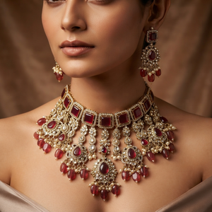 Traditional Imitation Antique Gold Style Kundan Choker Necklace <b>Set</b> with Emerald Cut Gemstones Earrings Tikka for Women Wedding - Product Image 4