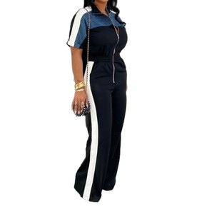 Combinaison pour femme en tissu suédé, couleur denim, col montant, manches courtes, fermeture éclair longue, tendance - Product Image 3