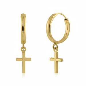 Orecchini a cerchio 18K e 9K oro giallo con croce appesa 6x22mm - Product Image 2