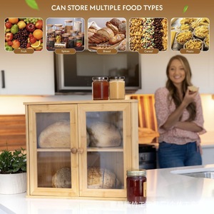 Caja de Pan de Bambú de Doble Capa, Mueble de Almacenamiento Esquinero con Puerta de Vidrio, Organizador de Cocina, Color Madera Natural - Product Image 2