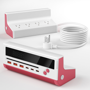 Power Strip With 4 AC Outlets 3 <b>USB</b> A 3 <b>USB</b> C Ports LED Display 1.5M Cable Pink ABS Material - Product Image 1