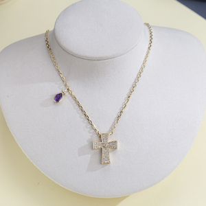 Collier croix en or 14 carats MSN-1058 avec pendentif diamant et améthyste, style religieux, bijoux unisexe - Product Image 4