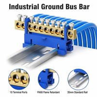 Barre omnibus de mise à la terre en cuivre à 7 voies, série 009, bornier 6x9mm, connecteur de mise à la terre bleu PA66 pour montage sur rail DIN pour panneau compact