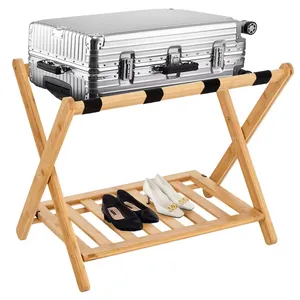 Suporte de bagagem dobrável de bambu suporte grande para mala com prateleira de armazenamento montado em bambu natural para quarto de hóspedes