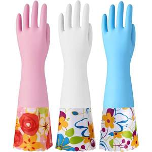ถุงมือยางกันน้ำแบบยาวพร้อมผ้าพันข้อมือลายดอกไม้สำหรับล้างจานในครัวเรือน - Product Image 3