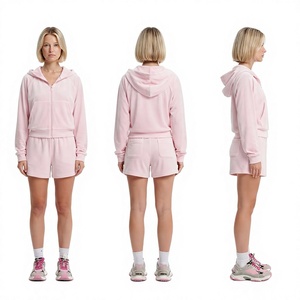 Women's Solid Pink Hooded Zip Up Sweatshirt And Shorts 2 Piece Set Long Sleeve Loose Casual Tracksuit - Product Image 1