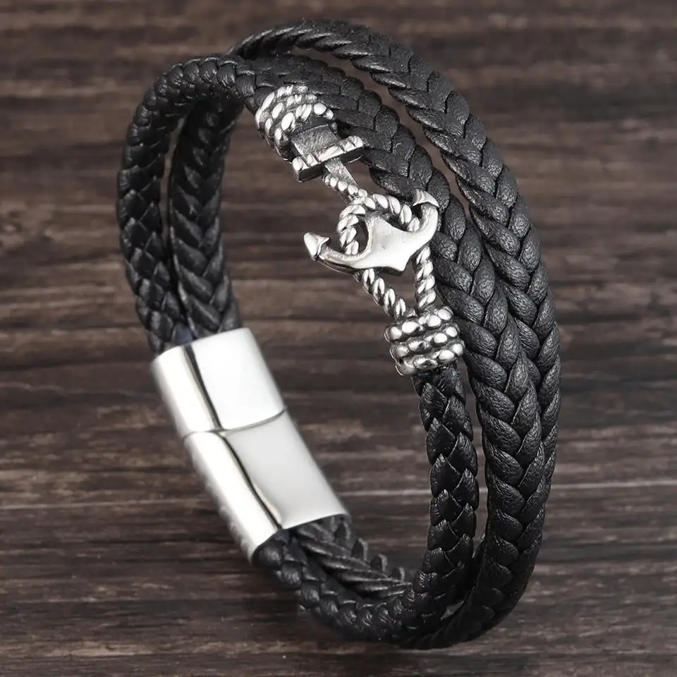 Custom Stainless Steel Anchor Hook Genuine Leather 3 Layer Men Bracelet