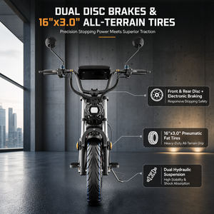 Scooter Eléctrico Flywheel DX5 con Asiento, Estilo Ciclomotor, Doble Suspensión, Frenos de Disco - Product Image 2