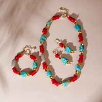 Corail rouge naturel plaqué or 18 carats corail rouge et turquoise bijoux avec collier boucle d'oreille bracelet boucles d'oreilles pour la fête