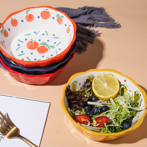 Bol à salade en céramique peint à la main coloré avec motif de fruits Bol à bord ondulé de 6 pouces pour dessert et pâtes - Product Image 2