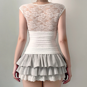 Camiseta Y2K para Mujer, con Encaje y Parches, Cuello en V, Manga Corta, Sexy, Dulce, Corte Regular, Informal, Transpirable, Ecológica, para Salir de Verano - Product Image 5