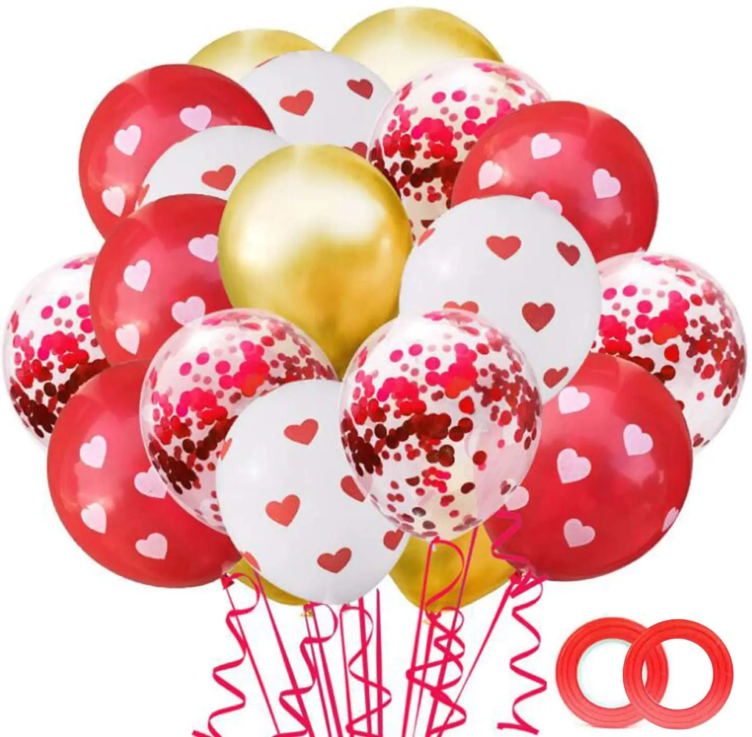 Buquê de balões de coração, balões estampados com confete vermelho e branco de 42 de pçs/set para decoração de dia dos namorados e casamento