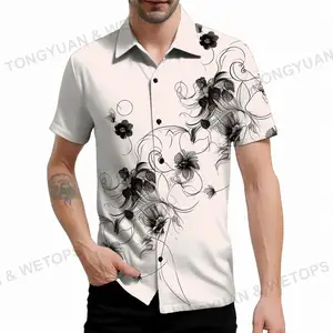 Chemise blanche en coton à manches courtes pour hommes, chemises Vintage à imprimé graphique de fleur d'encre de sport de Bowling