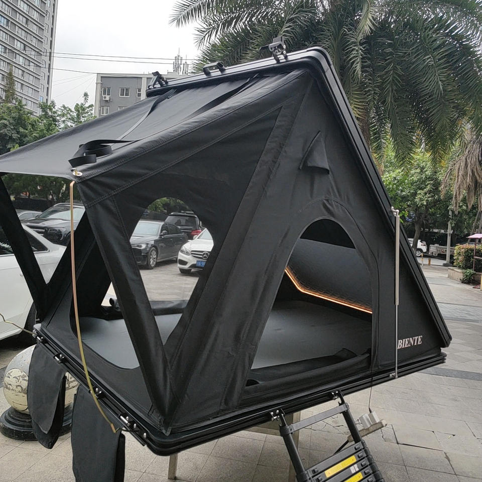 In Stock 2-3 Person Hard Shell Roof Top Tent Black Gray Aluminum Camping Triangle Car Rooftop Tent