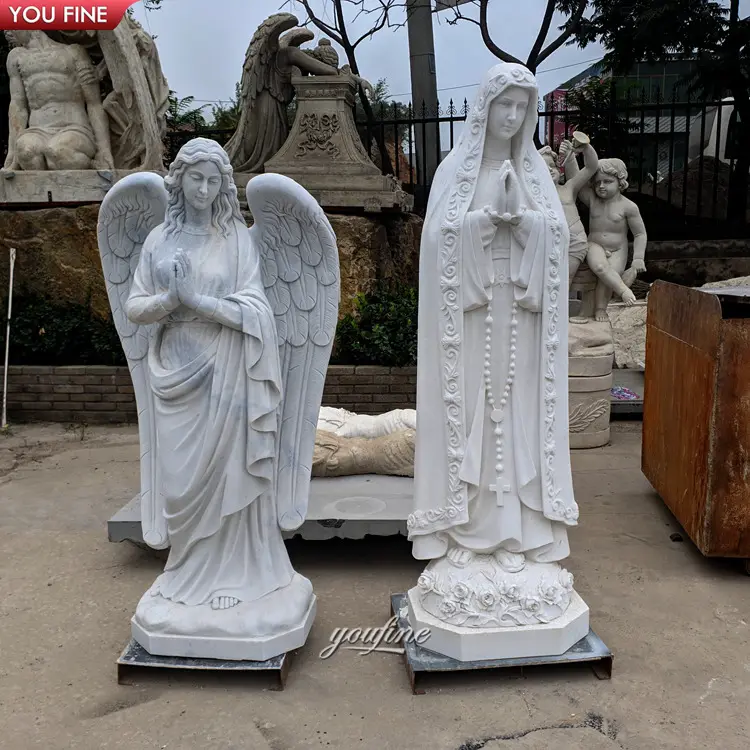 Estatua tallada a mano de mármol blanco para jardín al aire libre, escultura de Estatua de la Virgen María