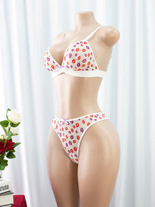 Bestseller Bademode Transparenter Tiefer V-Ausschnitt BH Slip Sexy Babydoll Outfits Unterwäsche Lippen-Bedruckter Bikini 2-teiliges Dessous-Set - Product Image 2