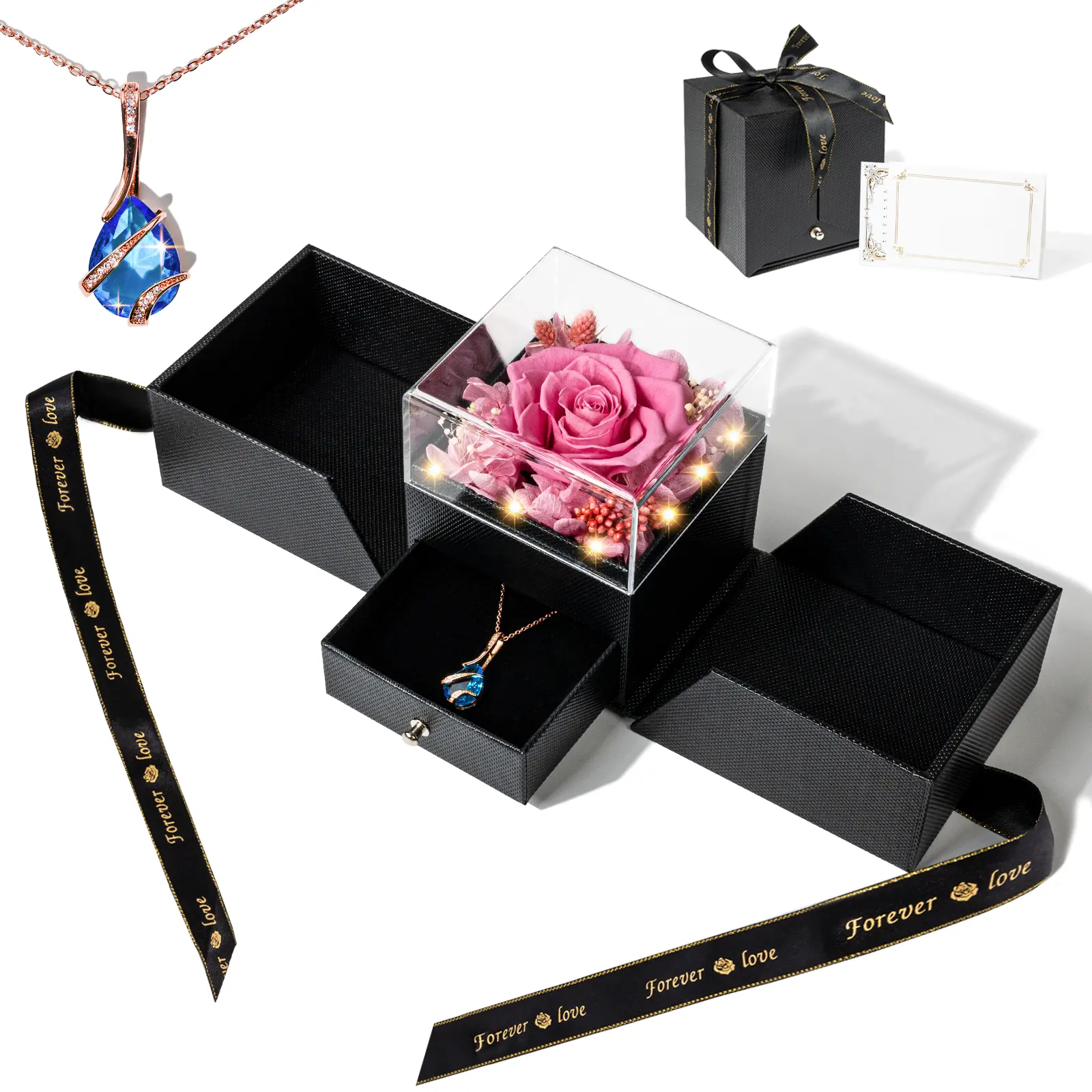 MCFloral akrilik penutup transparan laci cincin kalung hadiah mawar Hari Valentine merah muda mawar bunga abadi dalam kotak perhiasan