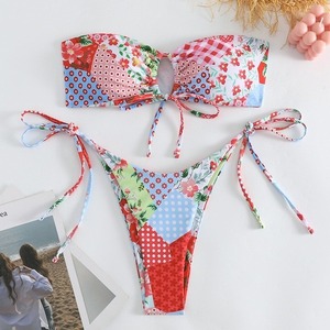 Traje de Baño Bikini Sexy de Dos Piezas con Estampado Floral Transpirable, Estilo Europeo Americano, Sin Tirantes, con Tanga, Marca FEINA - Product Image 1