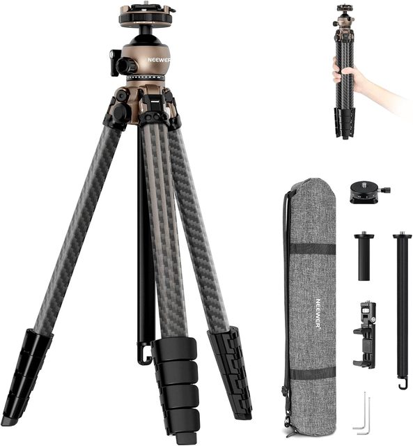 NEEWER LITETRIP LT35 61" Travel Tripod Carbon Fiber 2 in 1 Phone Clamp Hand Grip
