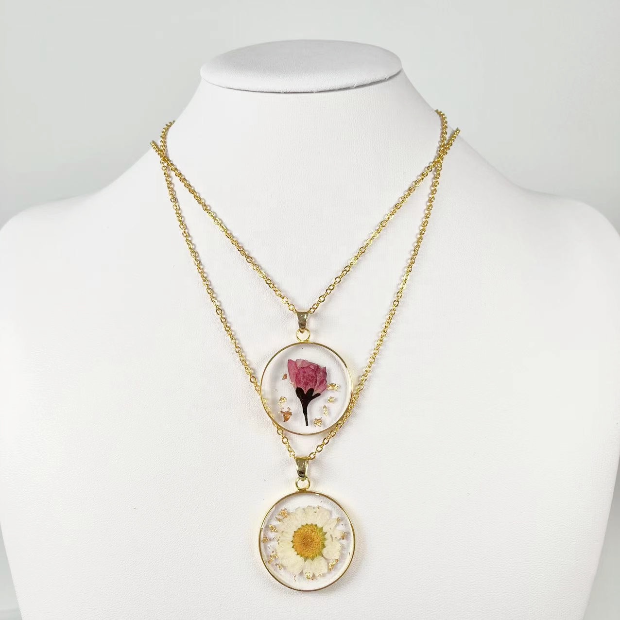 18k gold plated necklace pressed flower resin