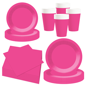 DAMAI – Vaisselle jetable unie rose vif pour fêtes, comprenant assiettes de 7 et 9 pouces, gobelets en papier et serviettes - Product Image 3