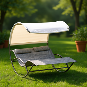 Silla de jardín reclinable con mecanismo de balanceo, estructura de acero, asiento de tela, diseño contemporáneo con toldo para uso en jardín. - Product Image 2
