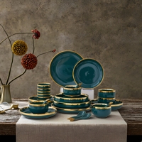 Juego de Vajilla de Porcelana y Cerámica de 6 Piezas, Estilo Nórdico Minimalista, con Borde Dorado y Diseño de Mármol Verde, Apto para Horno, Vajilla Sostenible