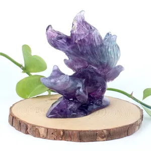 Natural High Quality Healing Rainbow Fluorite Crystal Animals Carvings Reiki Crystal 9 Tailed Fox For Gifts Fengshui