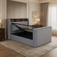 Lit de rangement en velours Willsoon avec élévateur TV télécommandé, cadre de lit vintage capitonné à dossier ailé avec tête de lit en bois et étagère intégrée