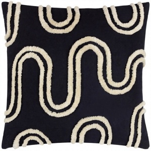 <b>Indian</b> Textiles H/L Tufted Geometric <b>Throw</b> Pillow Square Bohemian Decorative Cushion Cover Navy Blue Cream Embroidery - Product Image 1