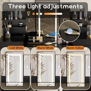 Miroir de coiffeuse moderne avec éclairage LED Wenfeng OEM/ODM avec <span class=keywords><strong>8</strong></span> <span class=keywords><strong>tiroirs</strong></span>, 6 étagères, 3 modes d'éclairage, coiffeuse de salle de bain réglable - Product Image 5