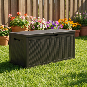 <span class=keywords><strong>Caja</strong></span> de Almacenamiento Exterior Moderna de Plástico PP Moldeado por Inyección, 340L 90GAL, Cuadrada, con Textura de Madera, Impermeable, con Cerradura, Embalaje en Cartón, para Patio - Product Image 1