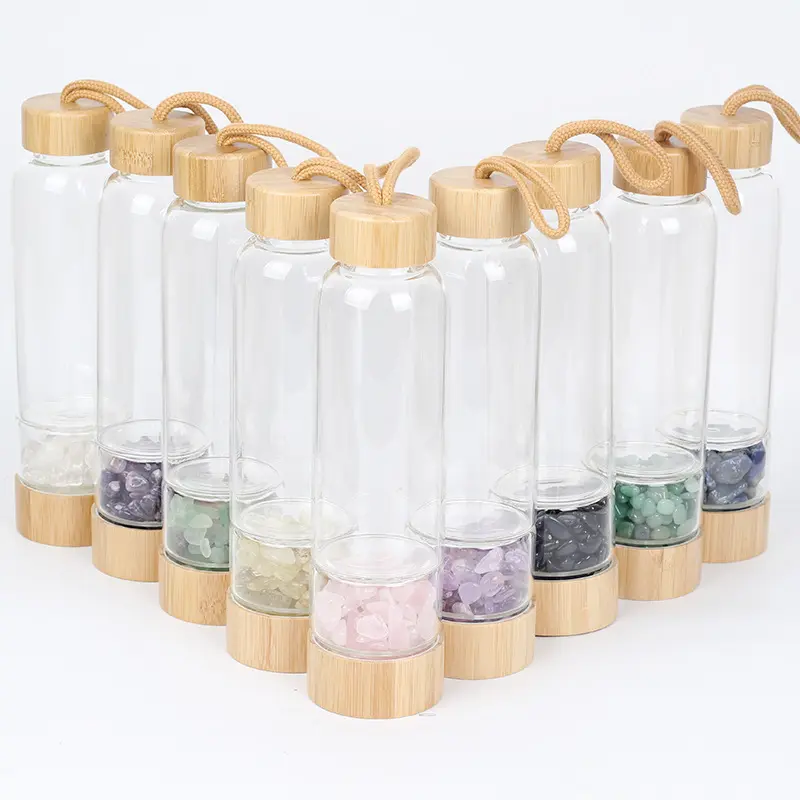 Natural Energy Elixir Drinkware Bamboo Crystal Water Bottle Gravel Stone Glass Water Bottle 2022