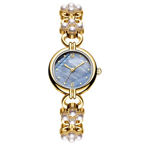 Reloj de cuarzo para mujer con cadena de perlas, elegante reloj de lujo ligero con incrustaciones de diamantes y nácar, elegante reloj para mujer - Product Image 5